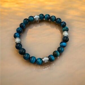 Elegant Tiger Eye Blue Beaded Bracelet with Silver Accents